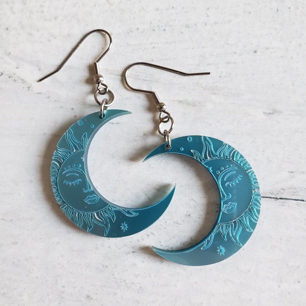Celestial Crescent Moon Dangle Earrings, Ice Blue Metallic Acrylic, Handmade